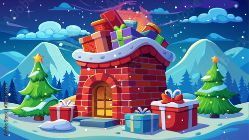 Christmas gifts overflowing from Santa’s classic red sack beside a brick chimney, set in a sparkling snowy winter landscape with shimmering frost, soft light, and magical holiday charm