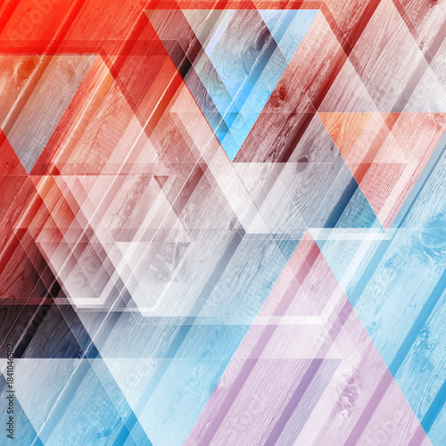 Bright blue orange geometric tech background with triangles and wooden texture