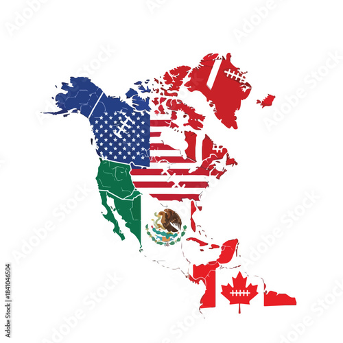 Map of North America with USA, Canada, and Mexico flags overlaid, symbolizing international cooperation for the world cup.
