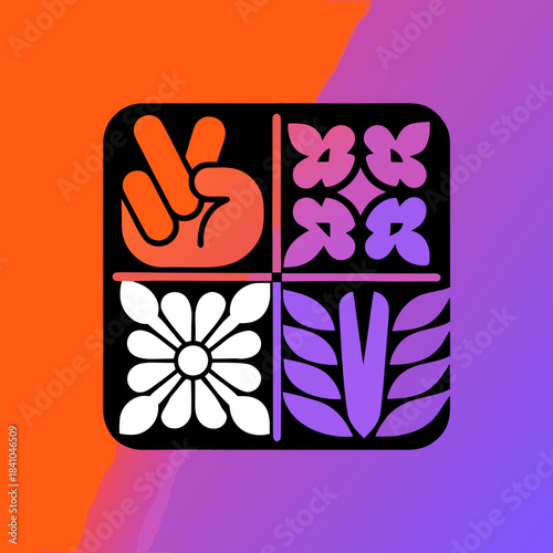 Four panel graphic with peace sign flower and leaves
