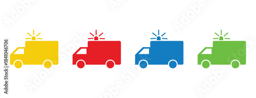 Ambulance Vehicle Icon Set, Four Simple Flat Design Symbols in Bright