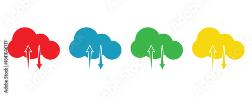 Filled Cloud Icons for Data Transfer, Set of Four Colored Symbols with Arrows