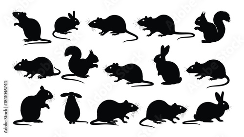 Collection of rodent silhouettes displaying various poses and animal forms silhouette