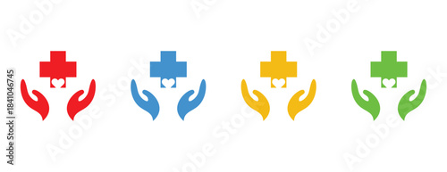 Hands Holding a Medical Cross Symbol, Set of Four Health Care Icons with Hearts