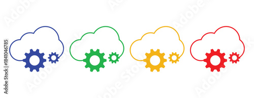 Cloud Computing Optimization Icon Set, Outline Clouds with Internal Gear