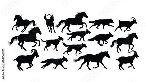Collection of running horses goats and dogs in black silhouette