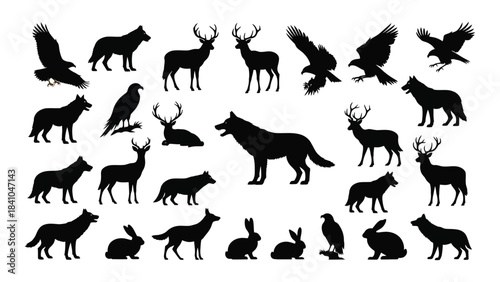 A diverse collection of animal silhouettes including deer wolves and birds silhouette