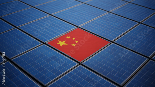 China's flag integrated into a grid of blue solar panels, symbolizing the country's significant role in renewable energy and solar power development.