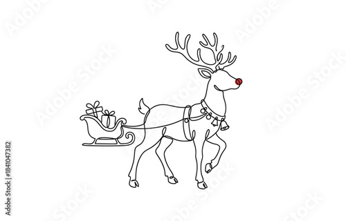One continuous line drawing of Christmas reindeer. Concept for Christmas and New Year. Design for greeting card or banner.