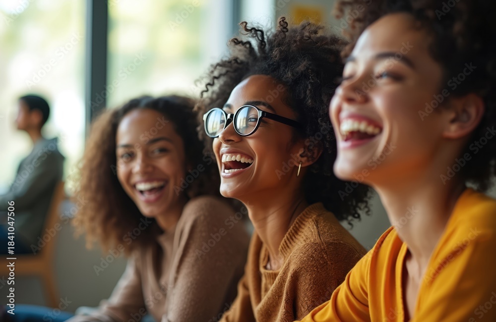 Obraz premium Three diverse young women laugh together heartily. Friends share joke, feeling joy and fun. Students connect, enjoy moment in natural light, feeling happiness.