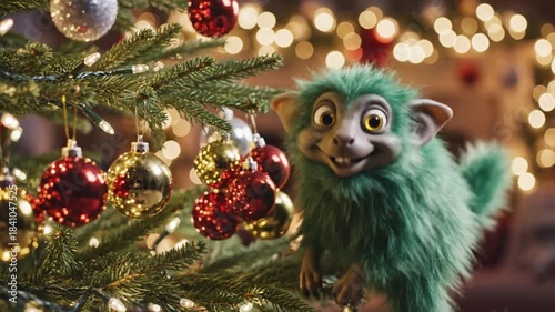 Whimsical green creature playfully decorating a Christmas tree with colorful ornaments in a cozy setting