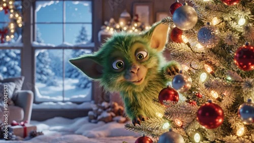Whimsical green creature joyfully decorating a Christmas tree in a cozy, snow-filled living room