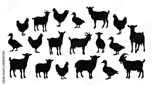 A collection of farm animal silhouettes including goats chickens and ducks silhouette