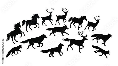 A collection of wild animals including horses deer and wolves silhouette