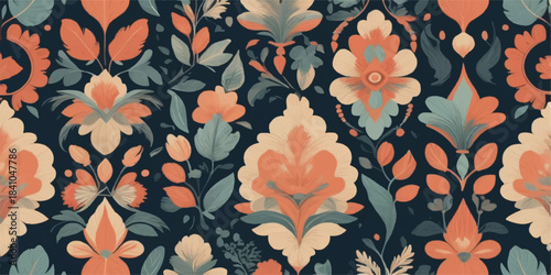 Decorative botanical background with stylized flowers and leaves in warm coral and muted teal.