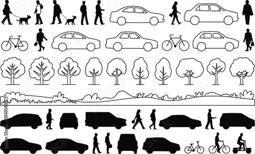 Black and white line art and silhouette icons of people cars trees and landscape
