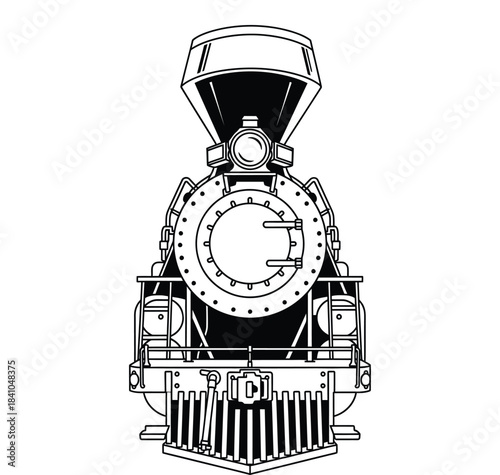 Vintage Steam Locomotive Illustration Front View Train Engine
