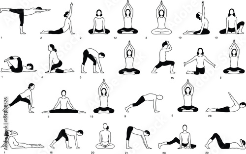 Collection of black and white line art yoga poses exercise