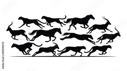 A dynamic grouping of running african wildlife in black silhouette