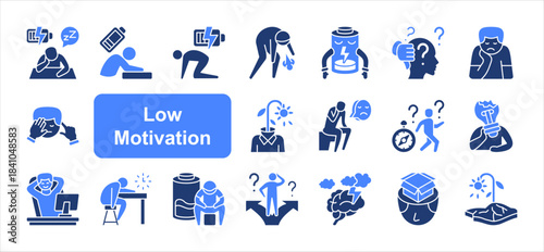 Low Motivation icon set with Weariness, Fatigue, Low energy, Demotivated, Uninspired, Procrastination, Sluggish simple vector.