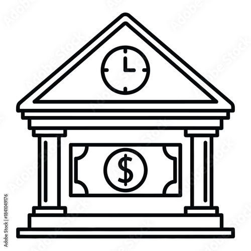 Bank building with clock and dollar sign icon illustration