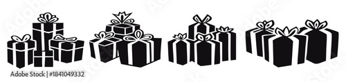 Group Of Monochrome Gift Boxes With Ribbon Bows On White Background

