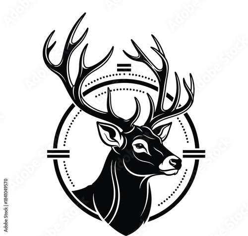 Black and White Deer Head Logo Design with Antlers