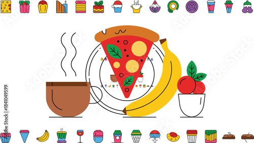 Flat design food and drink icons with pizza banana and coffee