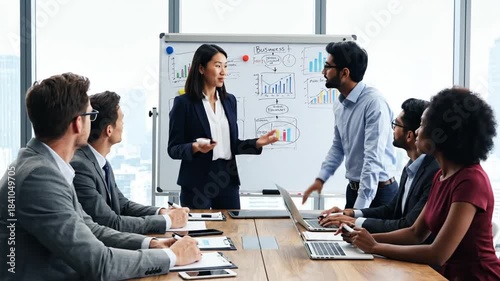 Professional diverse team in a conference room presents charts beside laptops during focused meeting