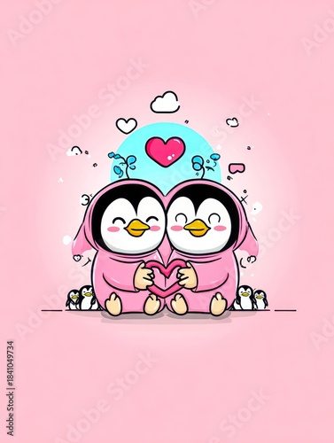 Two Cute Penguins in Pink Suits Holding a Heart on a Pink Background, Surrounded by Baby Penguins