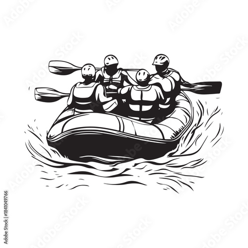 Vector illustration of white water rafting activity showing participants in rubber boats moving along a fast flowing river.