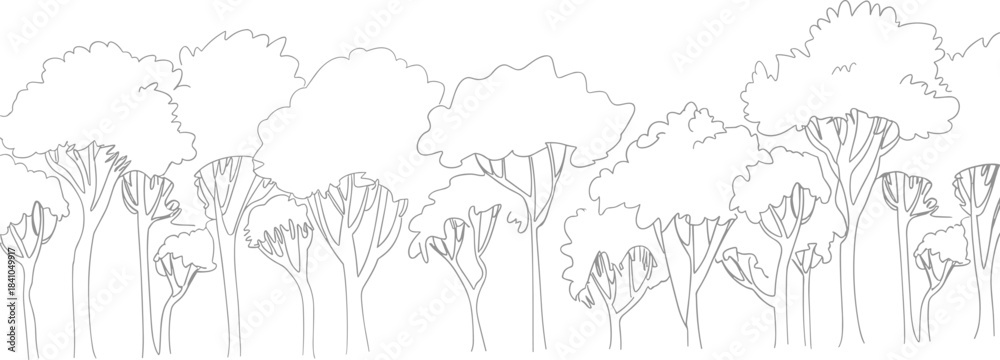 Obraz premium Line drawing of diverse trees in a forest landscape