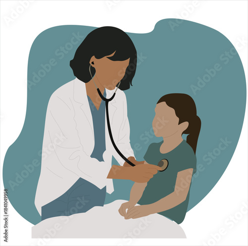 doctor examining a small child.Young friendly doctor auscultates to female child's heart and lungs with stethoscope.