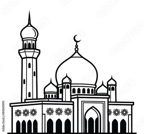 Black and White Mosque Illustration with Islamic Architecture