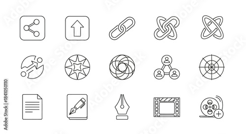 A collection of line art icons representing various digital, design, media, and social networking concepts, including share, upload, link, edit, video, and document symbols.