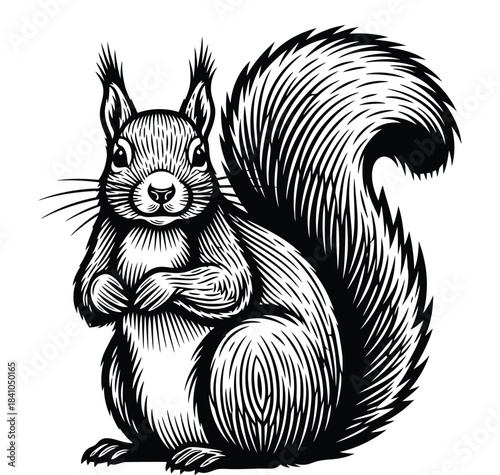 Black and white squirrel illustration on transparent background