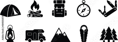 A set of black silhouette icons representing essential camping and outdoor adventure equipment.