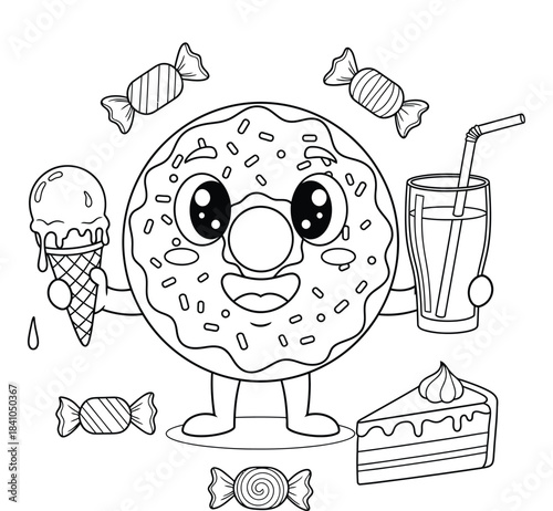 Cartoon Donut with Treats Coloring Page for Kids