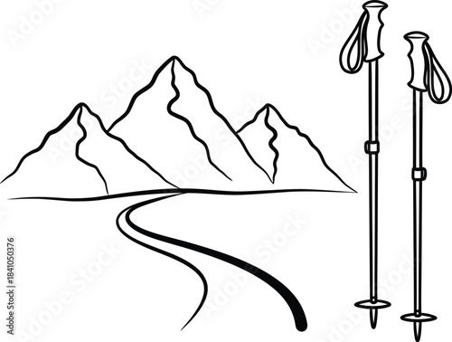 Hiking adventure with trekking poles in mountain landscape outline art eps silhouette