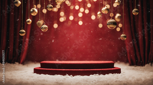 luxurious Christmas display with red velvet background and golden ornaments, creating festive atmosphere