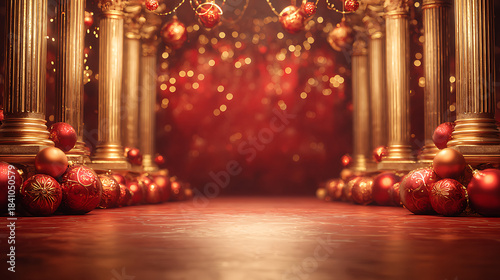 Majestic red and gold Christmas background with grand royal hall decor