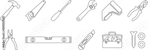 A comprehensive collection of repair and construction hand tools presented as simple line art icons.