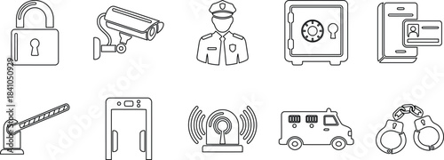 Essential vector icons representing security, surveillance, and law enforcement protection in minimalist line art.