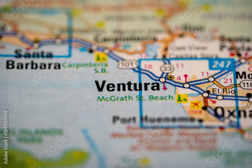 Photos Ventura, California in the United States, highlighted on a world map