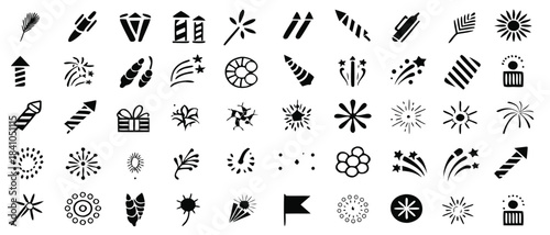 Collection of black fireworks icons for celebrations and festive events

