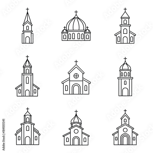 Set of Simple Church Building Icons in Line Art Style