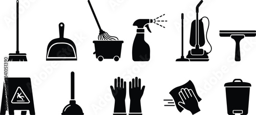 A complete vector set of professional cleaning equipment icons for domestic and commercial hygiene services.
