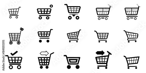 Fifteen Shopping Cart Icons In Black Silhouette Representing Retail And Consumerism