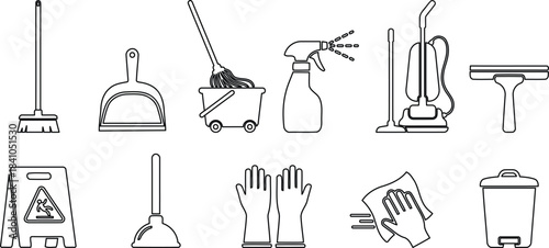 A comprehensive collection of line art vector icons representing essential cleaning tools and supplies.
