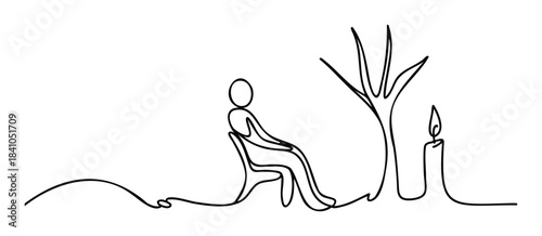 Single line drawing of a person sitting in a chair next to a tree and a lit candle evoking contemplation and solitude for use in thoughtful concepts.